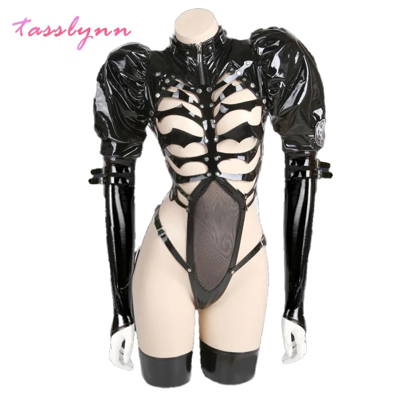 Sexy Dark Reign Imperial Skeleton Maid Cosplay Leather Leotard Clothing Set Hot Patent Original Designer Halloween Costume Women