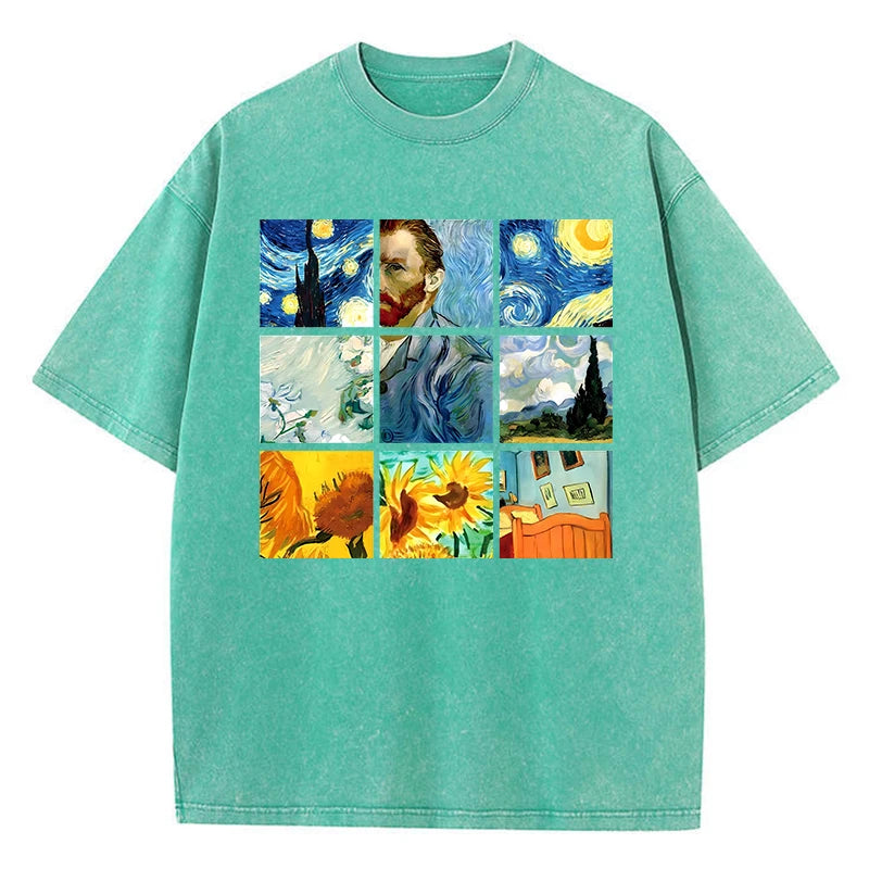Cotton Woman Washed T-Shirts Van Gogh'S Starry Night And Sunflowers Prints Tops Distressed Oversized Tees Casual Female Clothes