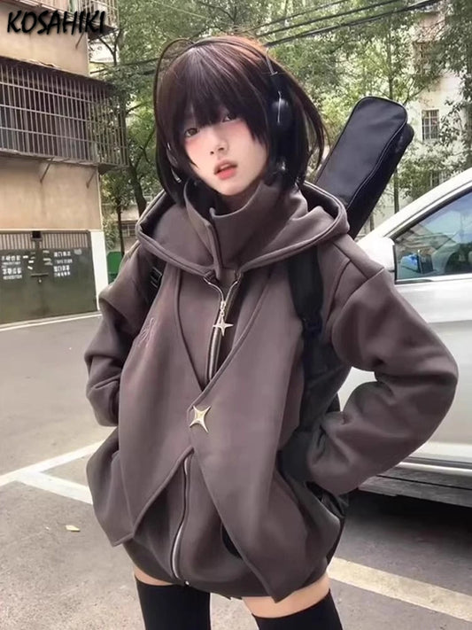 Fake Two Pieces Vintage Loose Zipper Sweatshirts Women Casual Streetwear Grunge Coats Y2k Aesthetic Oversized Stand Neck Hoodies