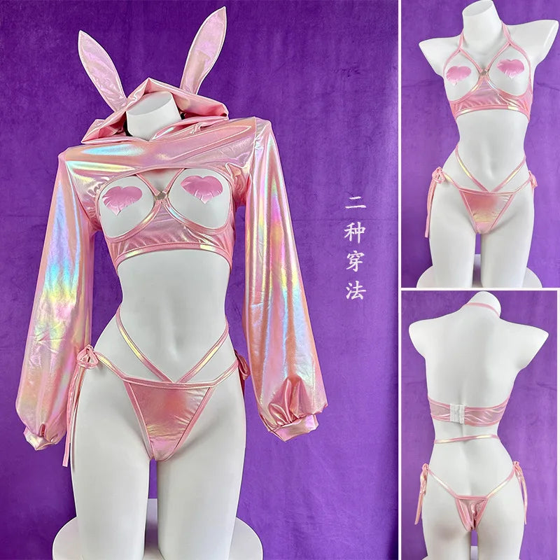 Sexy Lingerie Anime Bunny Girl Cosplay Pink Laser Patent Leather Bikini Rabbit Girl Shiny Halloween Underwear