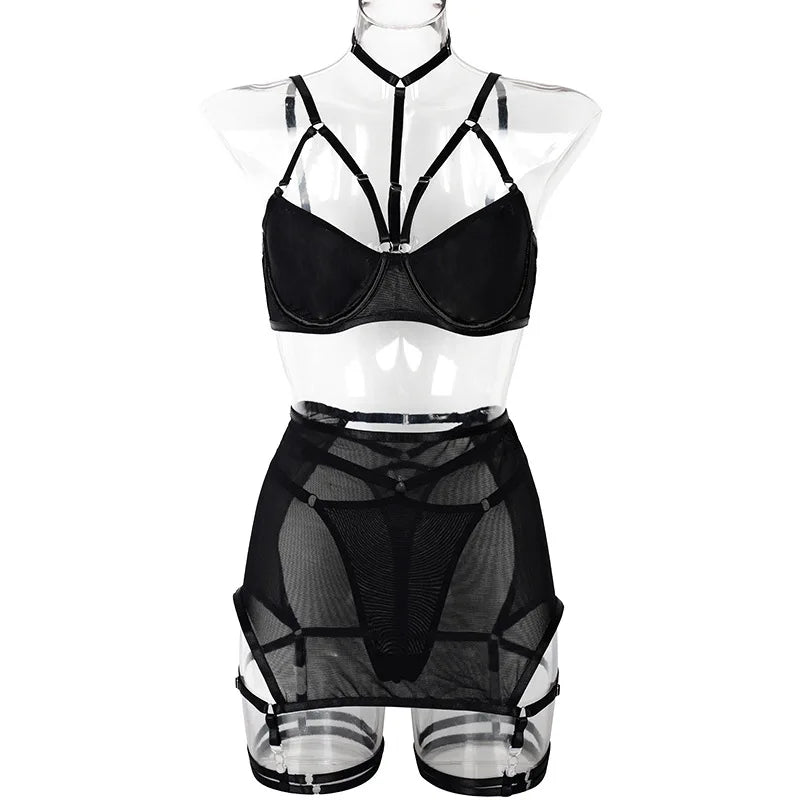 Toucheart Trendy Lingerie 4 Pieces Set Exotic Sexy Bra Eroctic Garter Underwear Set Women's Mesh See-through Luxury Underwear