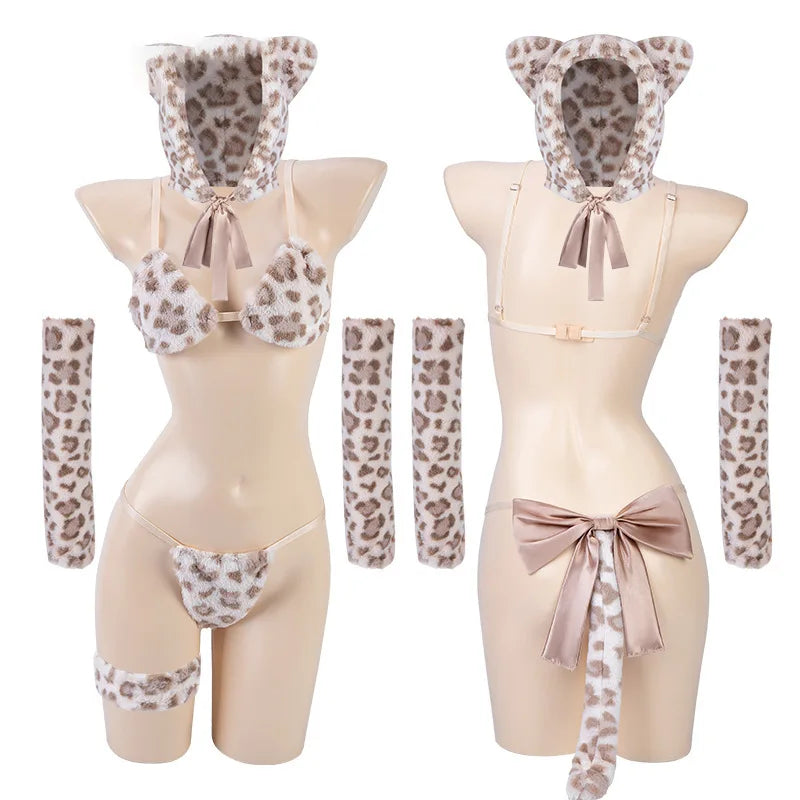 Kawaii Cat Woman Costume Japanese Lingerie Cosplay Sexy Polka Dot Accent Leopard Plush Bra Panties Bikini Uniform Roleplay Set