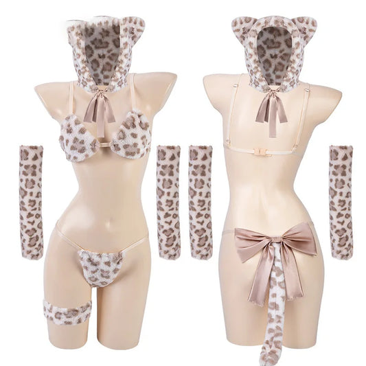 Kawaii Cat Woman Costume Japanese Lingerie Cosplay Sexy Polka Dot Accent Leopard Plush Bra Panties Bikini Uniform Roleplay Set