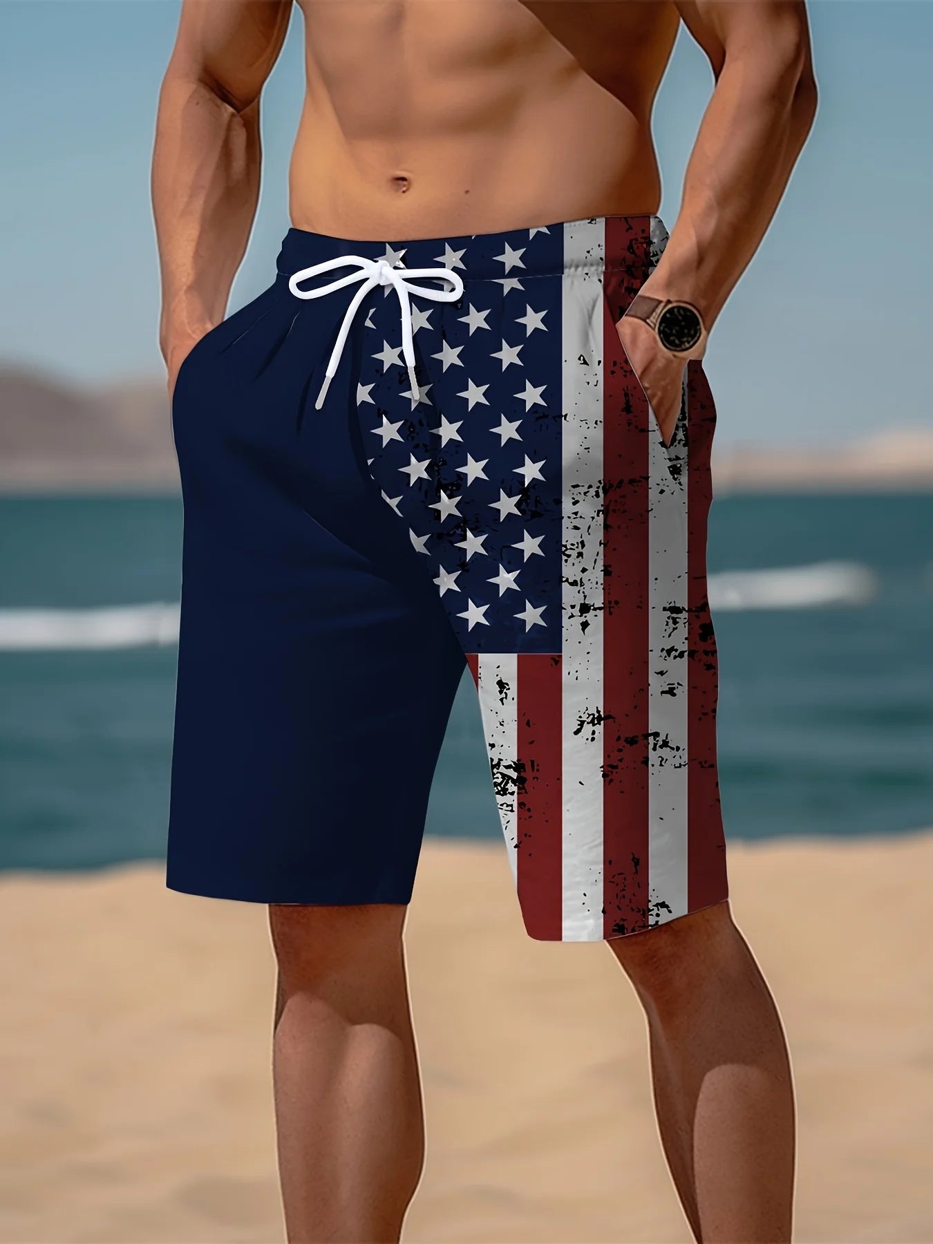 ASHBURNS Men's Swim Shorts American Flag Print Breathable  Shorts Lightweight Quick Dry Summer Pool Beach and Outdoor Activities