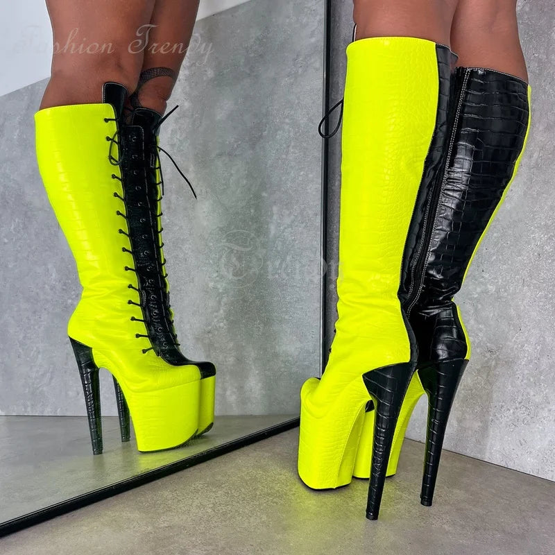 Neon Yellow Black Stiletto Knee Boots High Platform Woman Round Pole Dance Man Plaid Leather Hot Chick Booties Nightclub Shoes