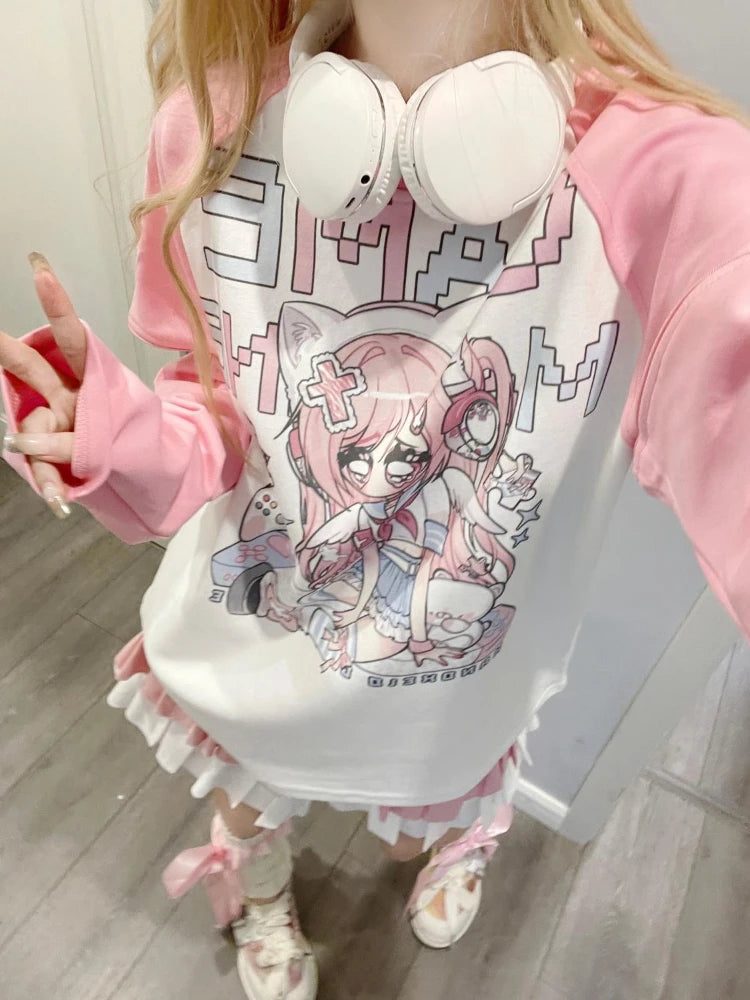 Autumn Japanese Cartoon Print Hoodie Women Clothing Patchwork Y2k Aesthetic Tops 2025 Oversized Casual Zipper Grunge Sweatshirt