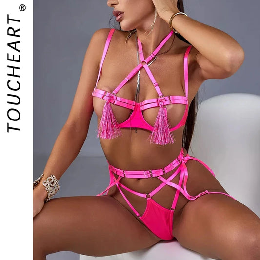 Toucheart Sensual Sexy Adult Lingeries Ensemble Femmes Hot Tassel Bra Attractive Chest Suspenders G-String Babydooll Bra Sets