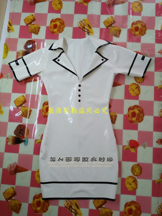 ASHBURN Sexy Short Sleeve Latex Nurse Dress Cosplay Thigh Tight Rubber Fetish Slim with Back Zipper