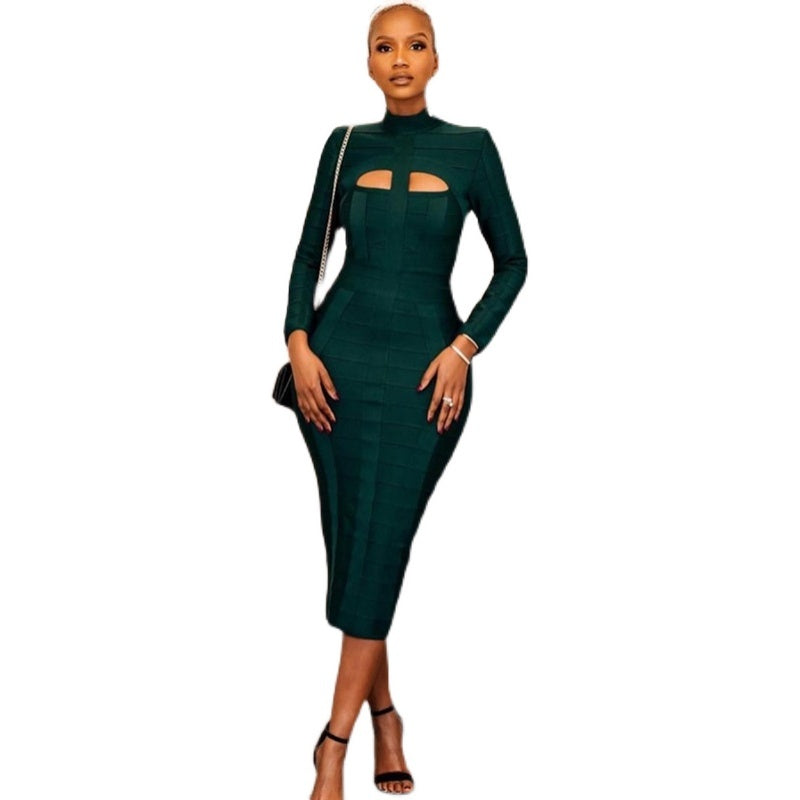 Dark Green Stand turtleneck Long Sleeve Slim Fit Bandage Dress