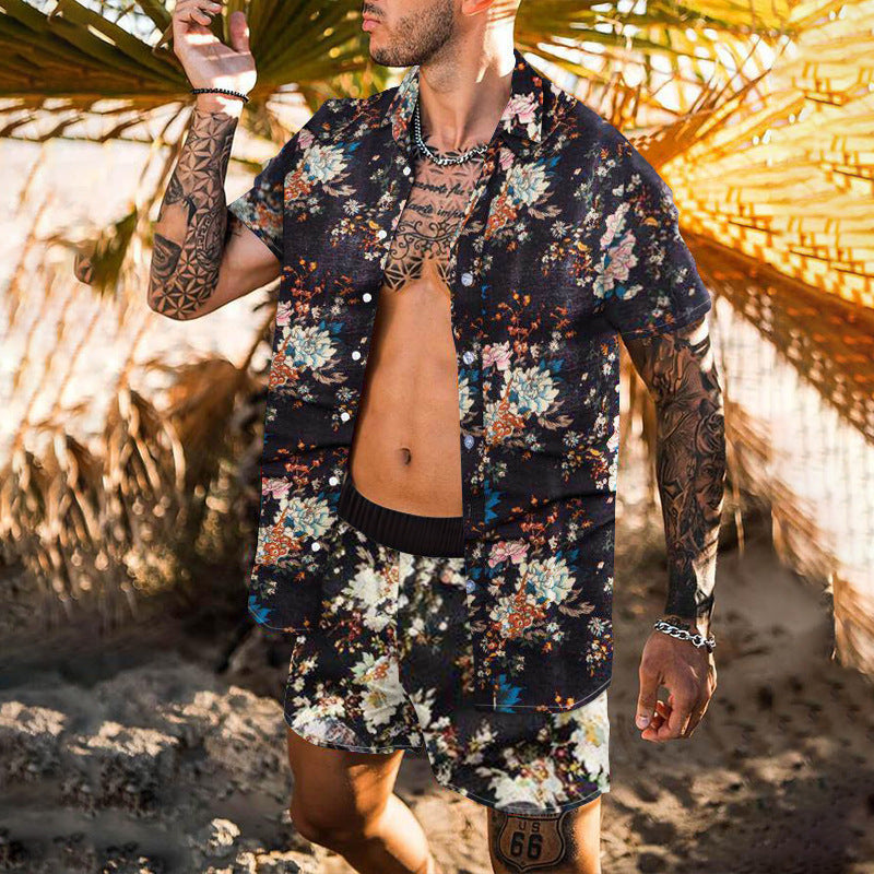 Men's Casual Suit Digital Printing Slim-fit Short-sleeved Shirt Youth Beach Suit