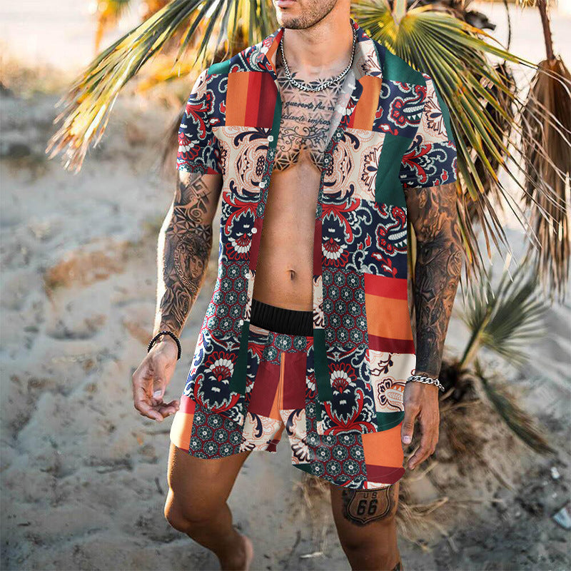 Men's Casual Suit Digital Printing Slim-fit Short-sleeved Shirt Youth Beach Suit
