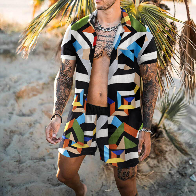 Men's Casual Suit Digital Printing Slim-fit Short-sleeved Shirt Youth Beach Suit