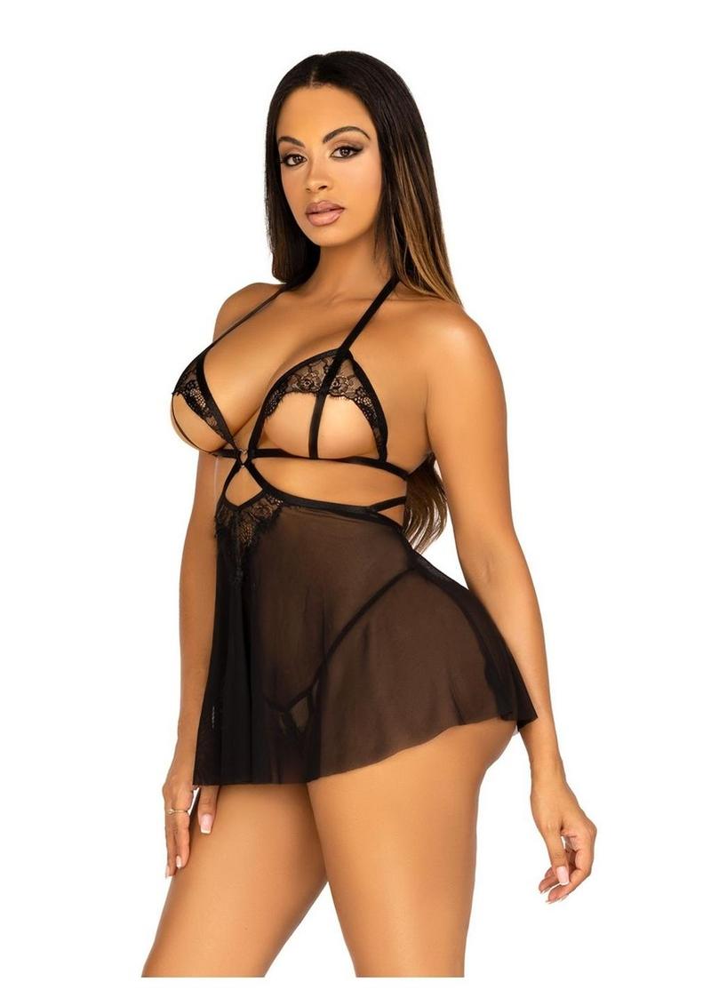 Open Cup Eyelash Lace and Mesh Babydoll Heart Ring Accent