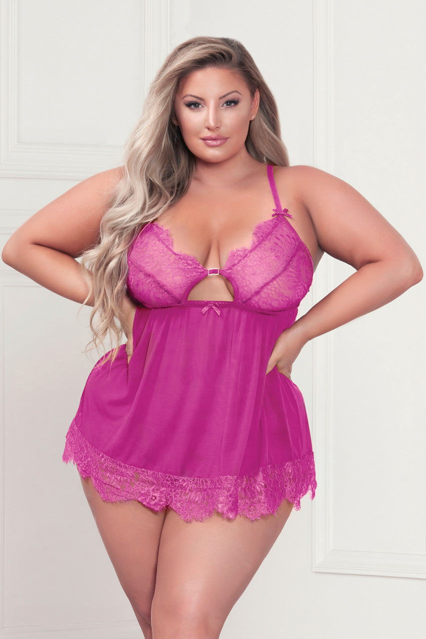 Plus Size Lovely Eyelash Lace and Mesh Babydoll